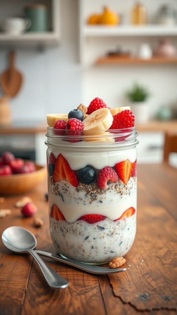 A jar of overnight oats topped with berries and nuts on a wooden table.